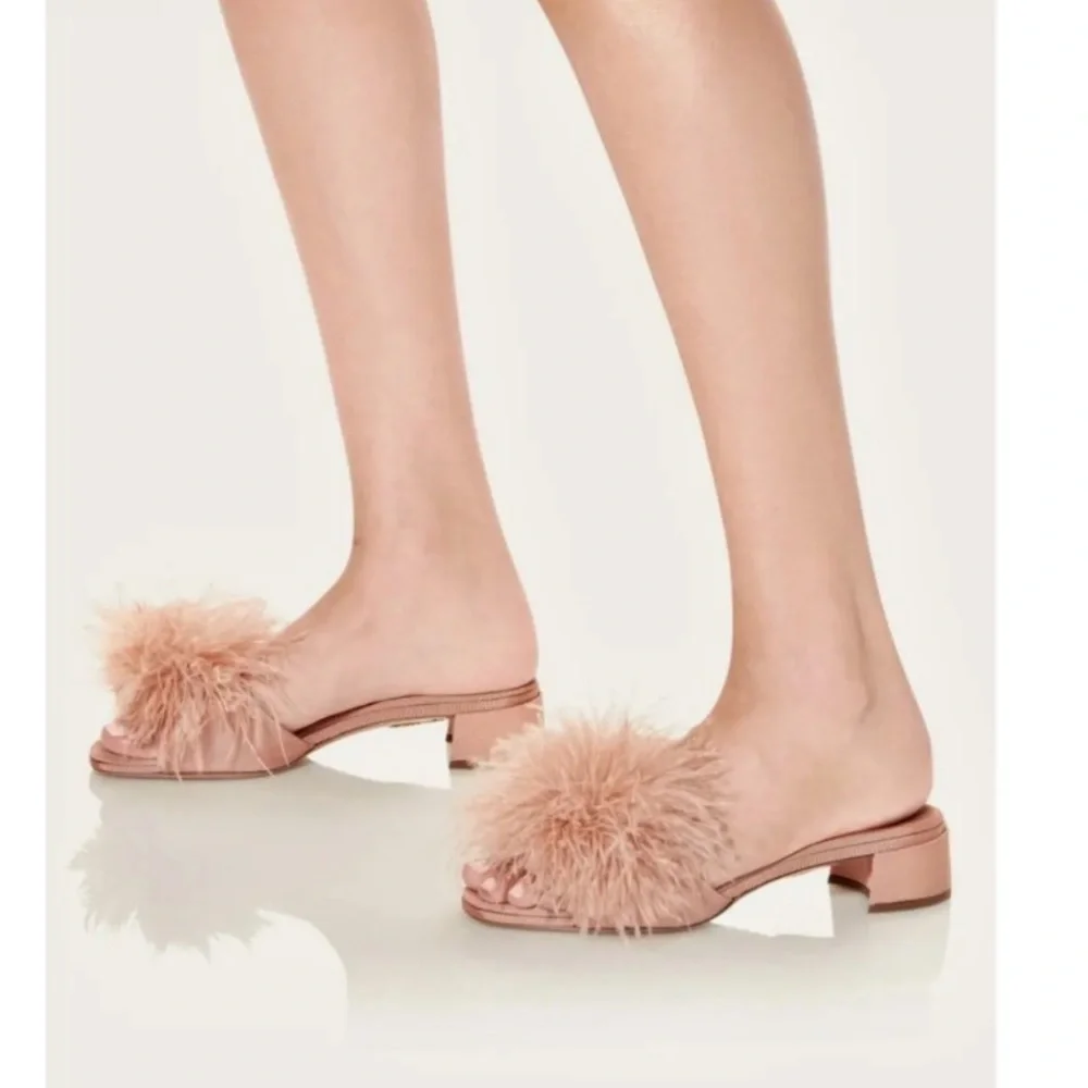 NEW NIB AQUAZZURA Boudoir 30mm Feather-trim Sandals In Rosa 37.5